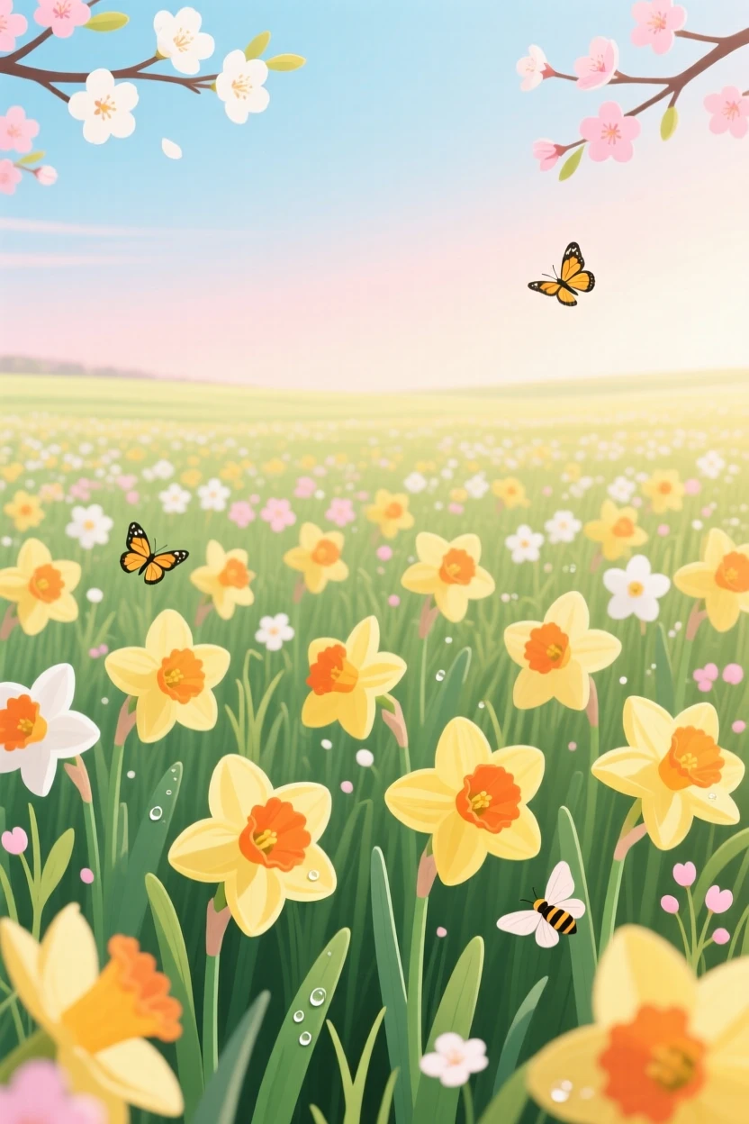 A field of blooming spring daffodils under a soft morning sky, surrounded by the colors typical of the season, arranged with seasonal colors creating a cohesive mood, with charming small details that evoke the season perfectly.