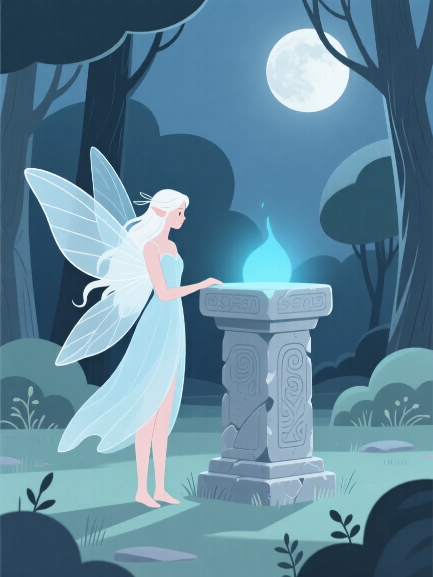 A forest fairy guarding an ancient relic near a moonlit clearing.