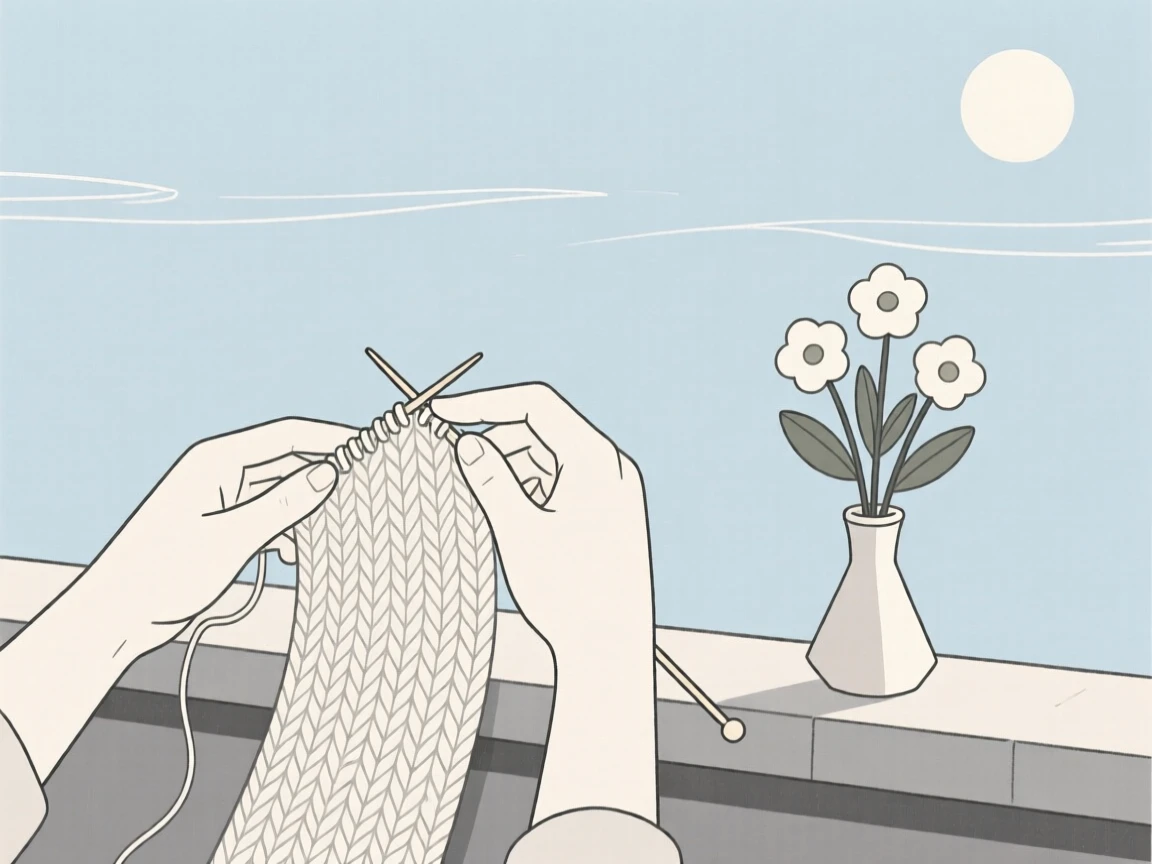 A close view of hands knitting a scarf near fresh cut flowers in a rooftop under open sky, full of quiet satisfaction.