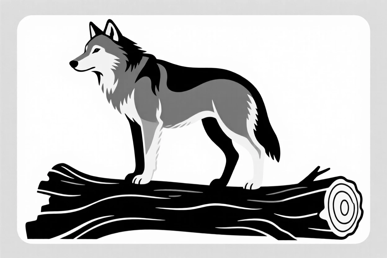 A gray wolf perched on a fallen log.
