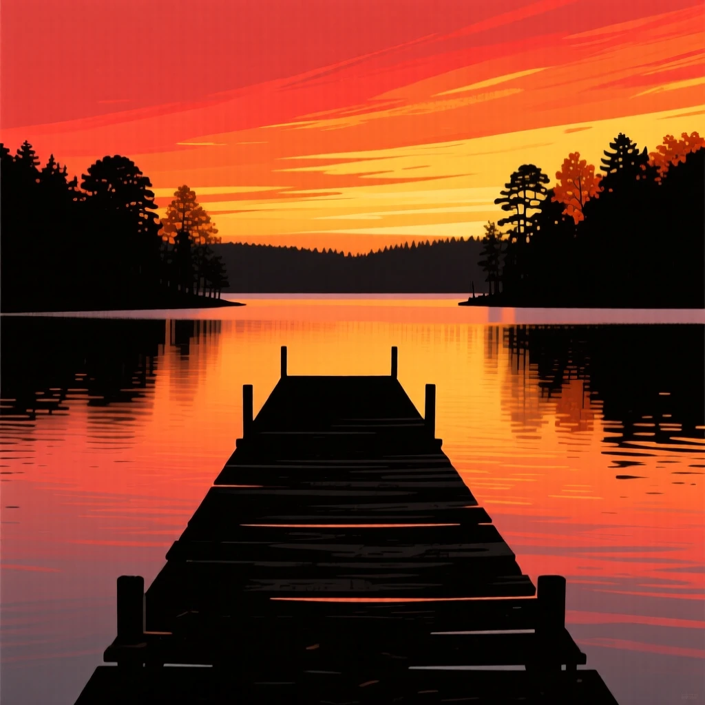 A single wooden dock stretching into a lake surrounded by autumn color.