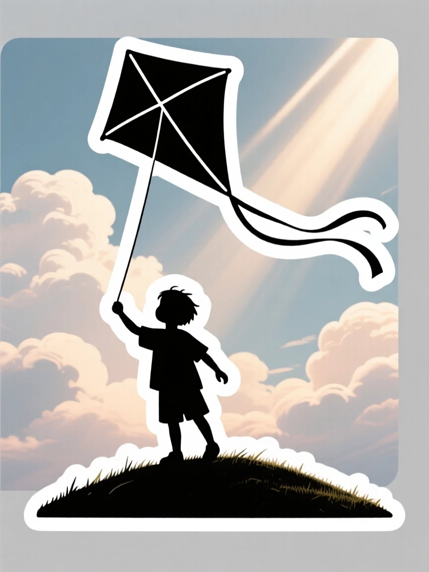 A gently uplifting scene of a child flying a kite that soars above the clouds, with light breaking gently through the scene, marking the start of something meaningful.