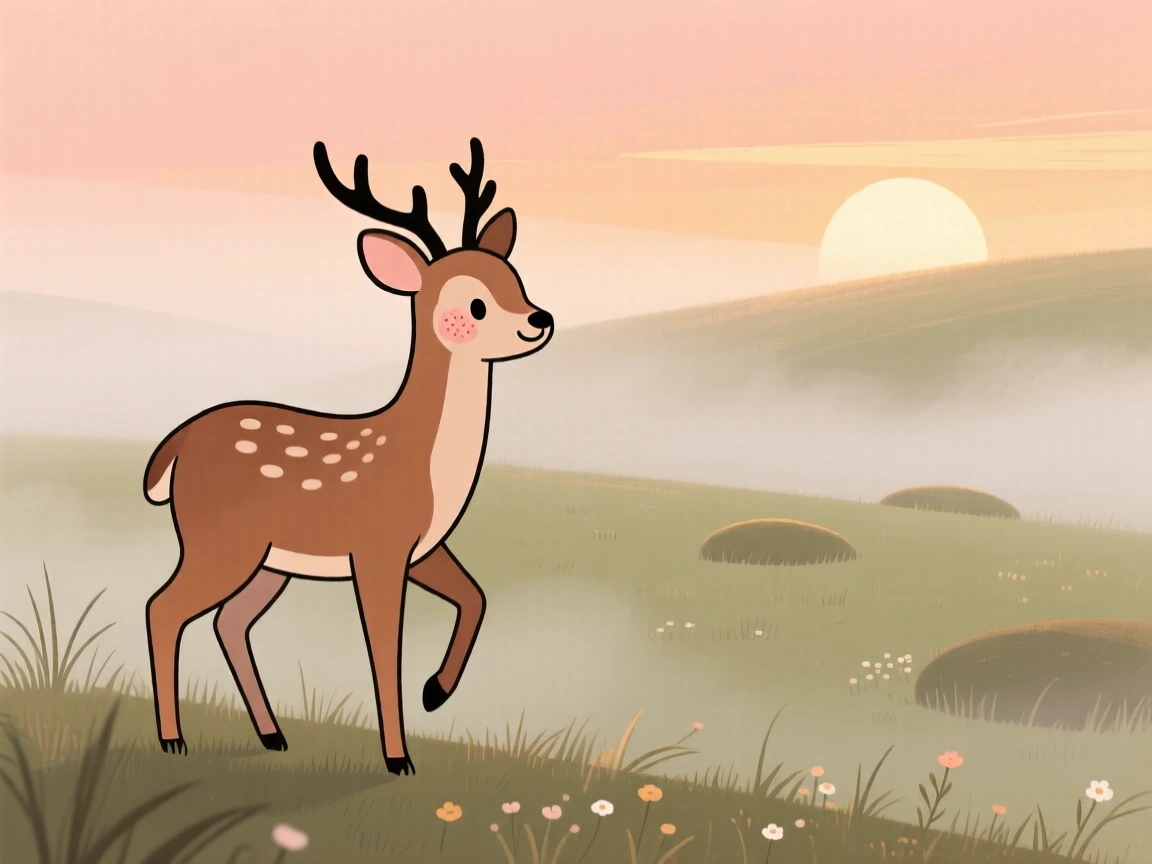 A deer stands at the edge of a misty meadow, pausing mid-step as the setting sun paints the sky in warm colors.
