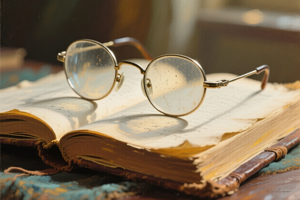 A close-up portrait of a pair of spectacles resting atop an open journal, at midday.