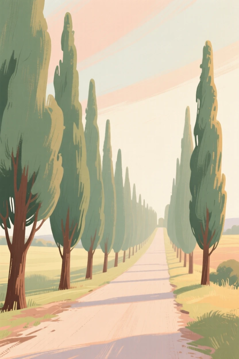 A row of cypress trees lining a quiet country lane
