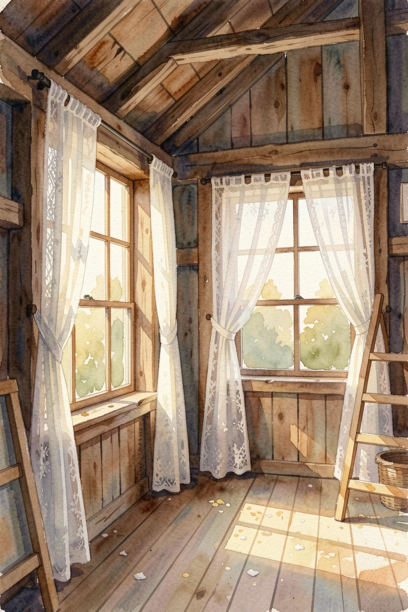 A rustic barn converted into a cozy studio with soft afternoon light streaming through lace curtains.
