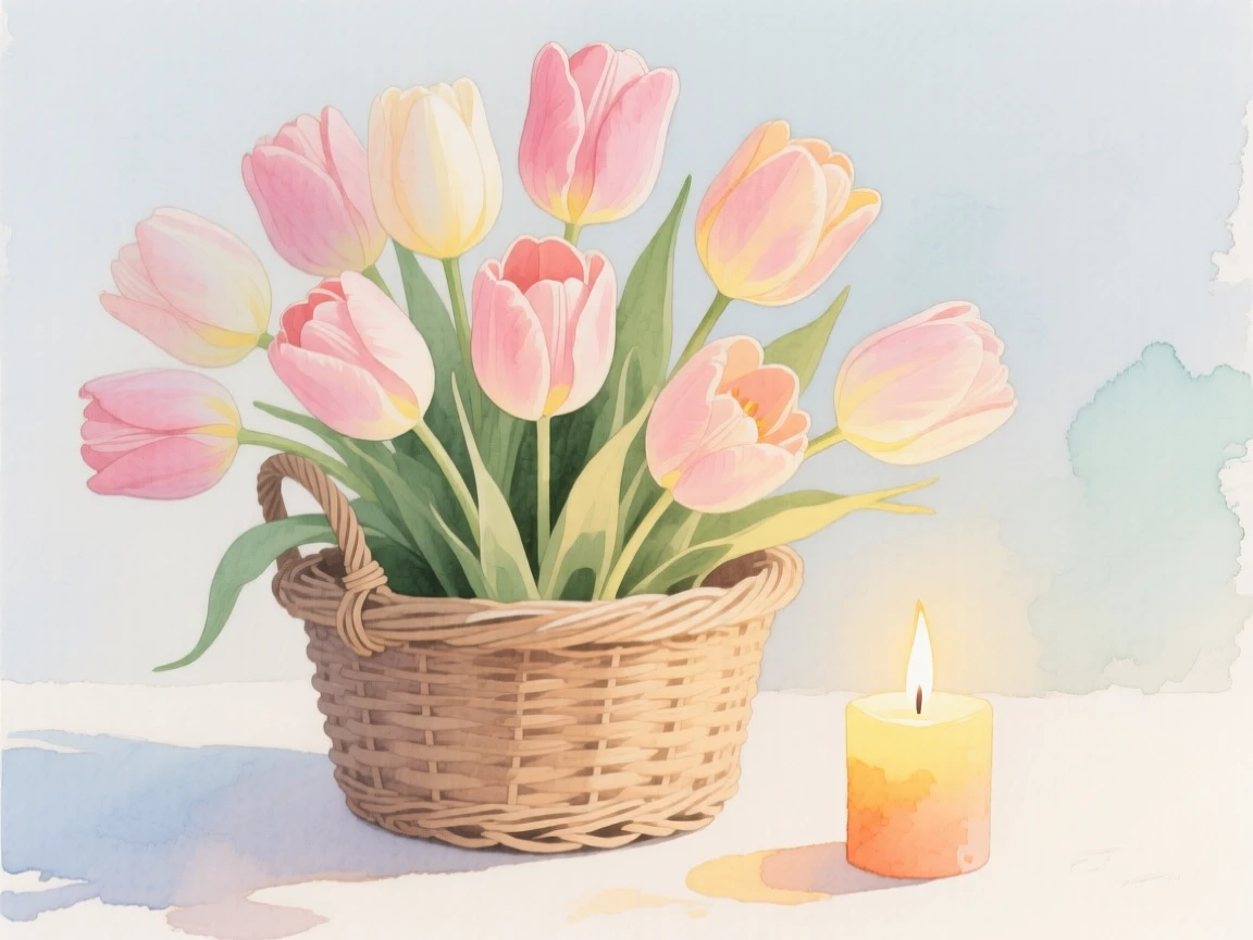 A bouquet of tulips in soft, layered tones fills a woven wicker basket beside a flickering candle, petals catching the gentle light