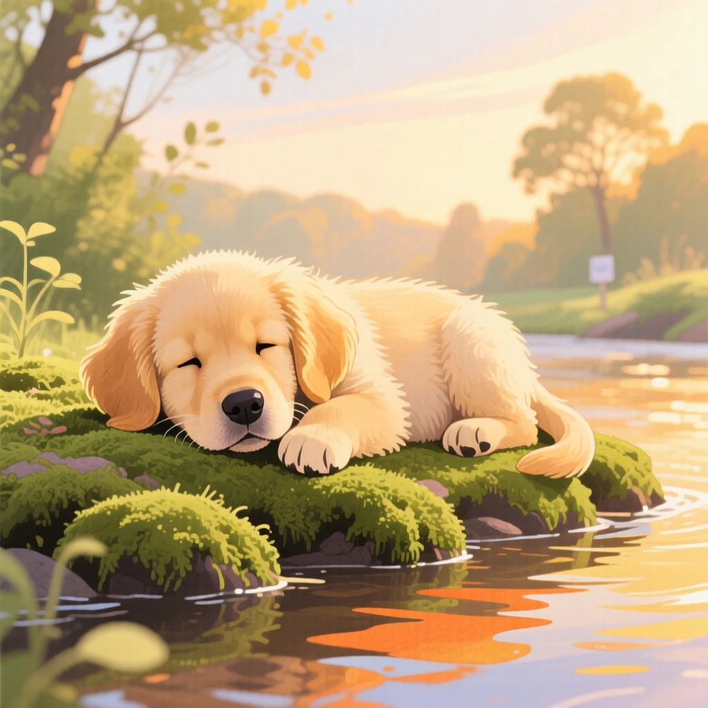 A fluffy golden retriever puppy resting peacefully in a mossy riverbank at the golden hour.