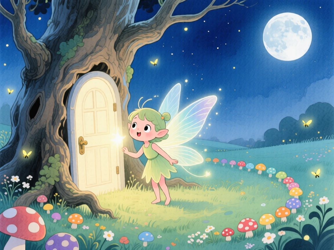 A curious fairy discovering a hidden door glowing with magical light in an ancient tree, in a moonlit meadow ringed with mushroom circles, sparking childlike imagination and awe.