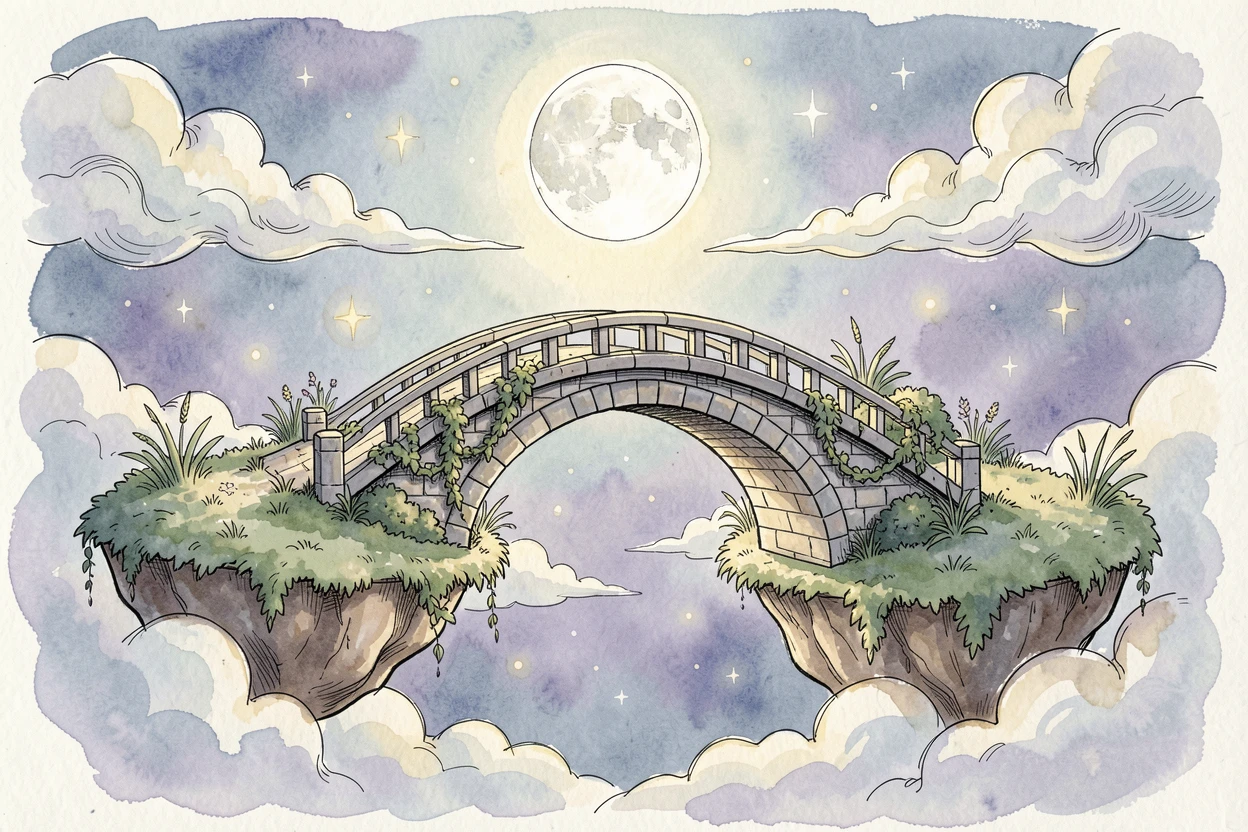 A moonlit bridge arching between two floating islands in the clouds, stars or glowing motes drifting gently through the air.
