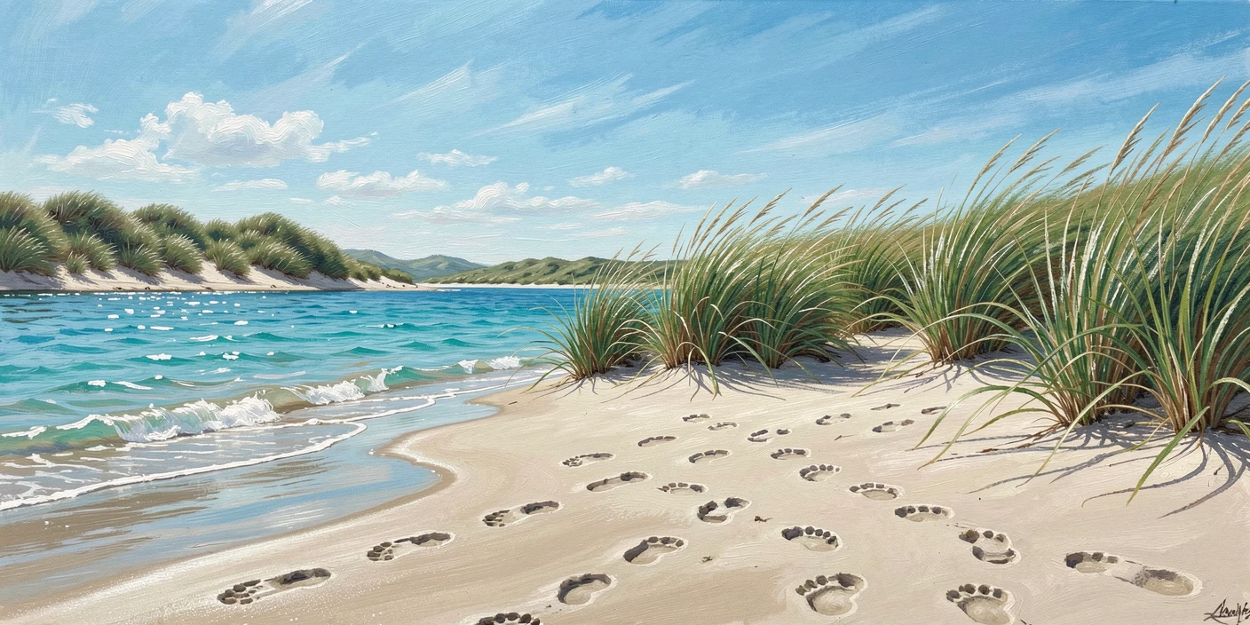 On a clear summer afternoon with brilliant blue water, a secluded bay with turquoise water, beneath tall grass-covered dunes, children's footprints trailing across the wet sand.
