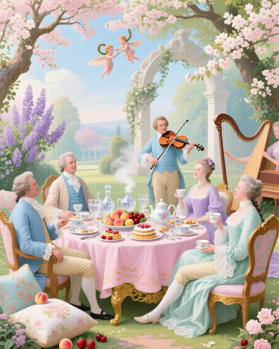 A festival breakfast beneath flowering trees with musicians playing nearby  