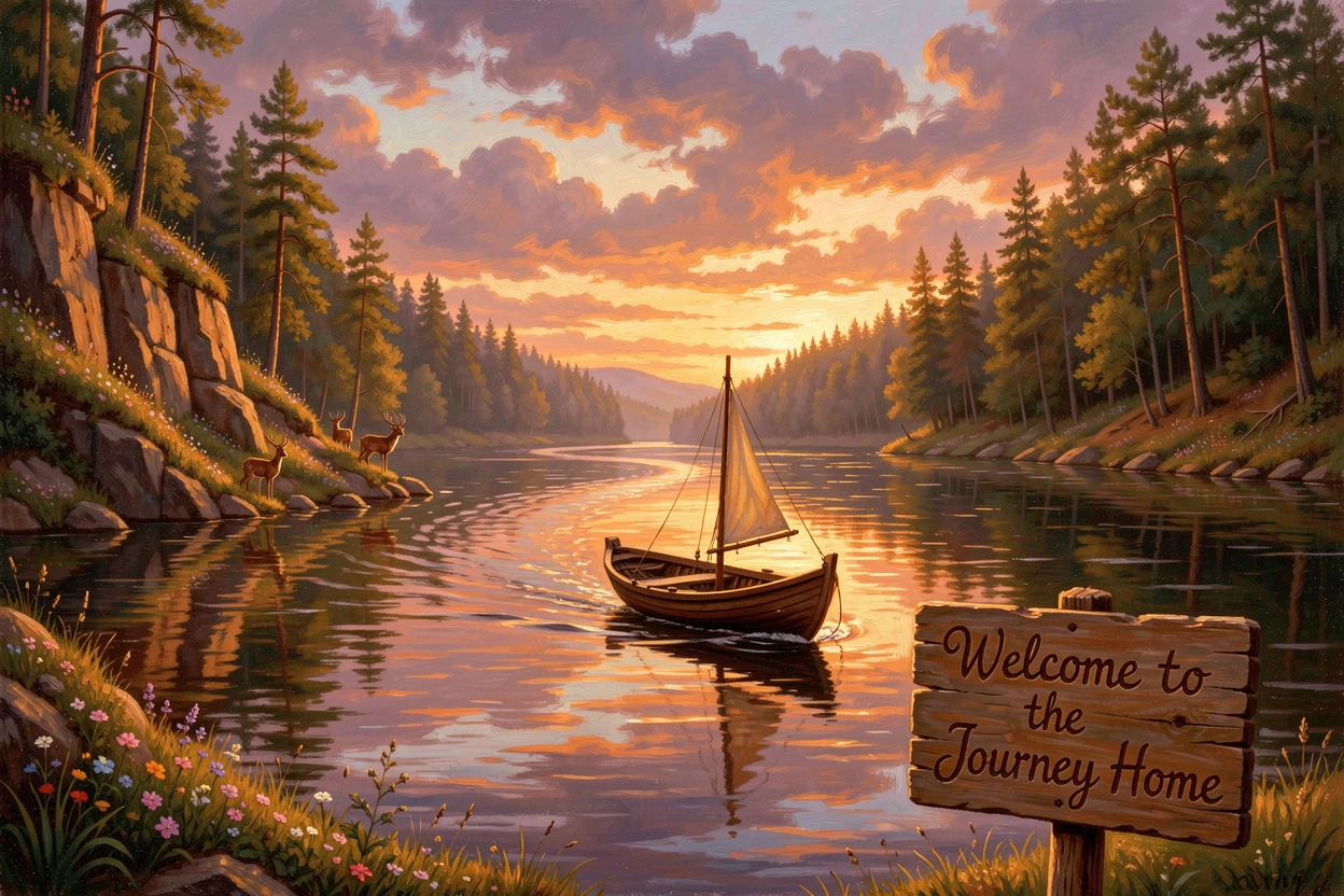 A small fishing boat drifts silently through a triumphant welcome at sunset as the wake stretches for miles.