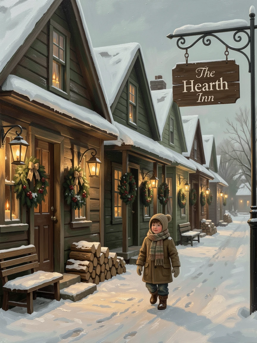 A snowy village street lined with glowing lanterns and holiday wreaths, with cozy, festive details adding charm to the setting, offering a joyful, memorable seasonal scene for any collection