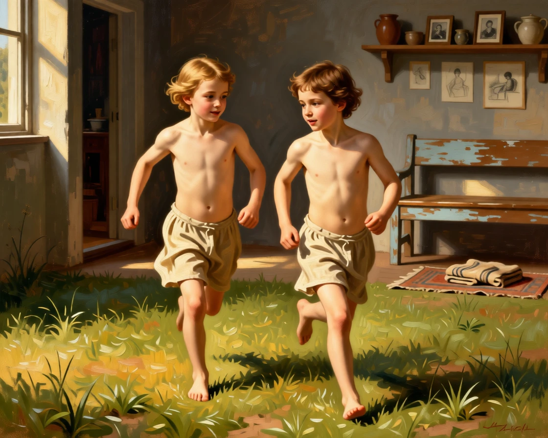 Childhood friends racing barefoot across a sunlit meadow in a scene glowing with warmth and quiet devotion, set within a cozy home lit by late afternoon sun, with worn, familiar surroundings that speak of years shared together; the arrangement of figures suggests closeness without crowding, radiating warmth, comfort, and belonging.