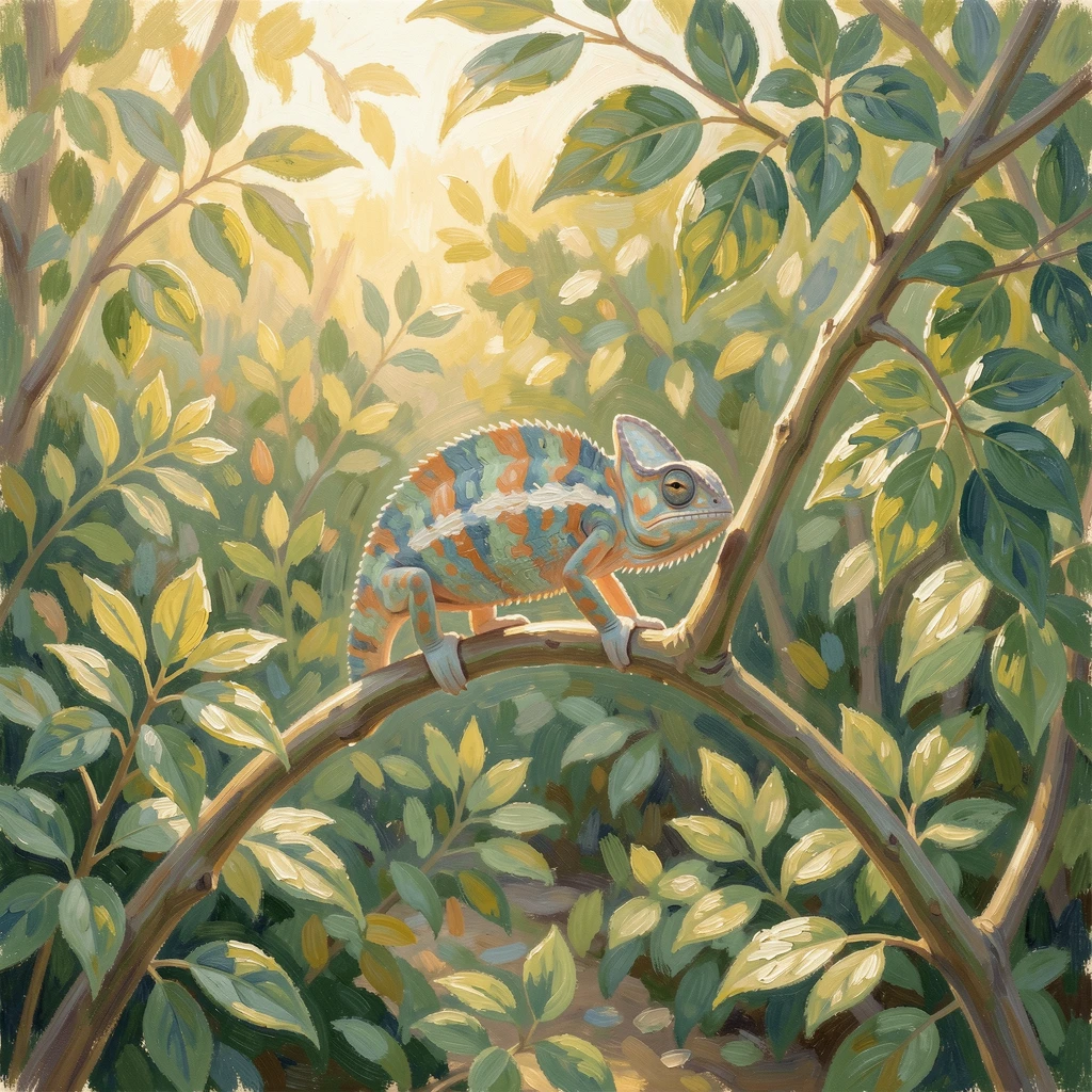 A colorful chameleon resting on a branch, camouflaged among the leaves of a lush garden, capturing a fleeting moment of pure happiness.