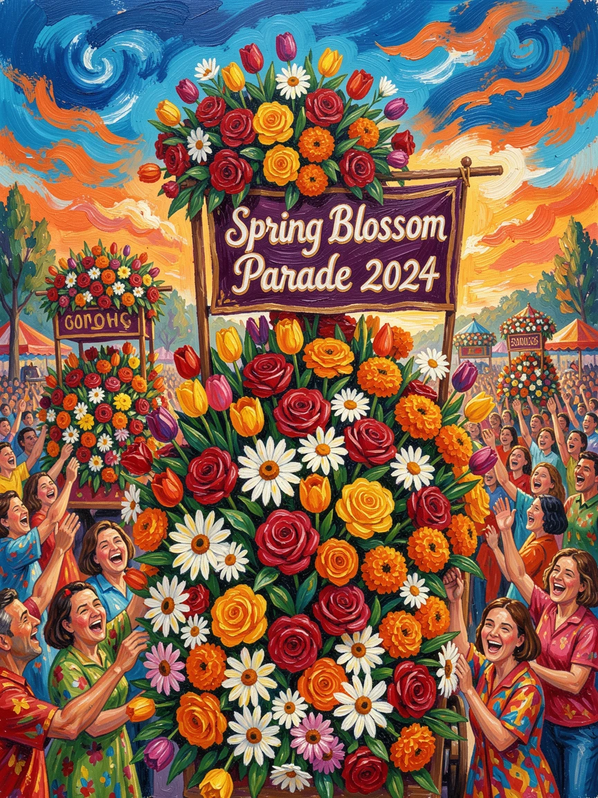 A vibrant flower festival parade with floats covered entirely in fresh blossoms.