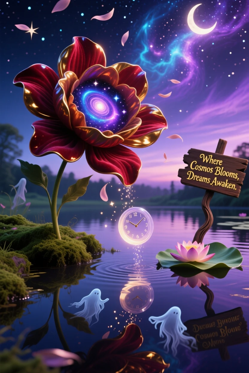 A flower whose center opens to reveal a tiny universe grows quietly at the edge of a still, quiet pond, as petals fall slowly, spinning like tiny dancers.