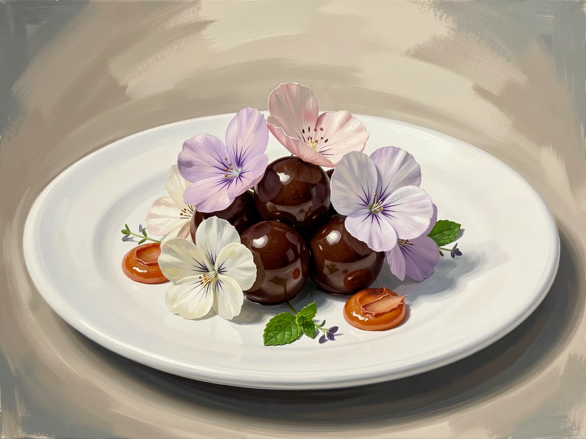 A beautifully plated fine dining dessert shows delicate chocolate spheres and edible flowers arranged artistically on a minimalist white plate, small garnishes and finishing touches arranged with quiet, deliberate care.