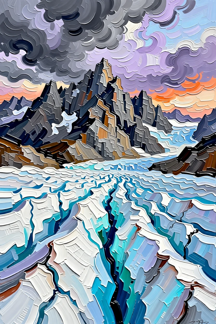 A dramatic Patagonian glacier field stretching toward jagged granite peaks