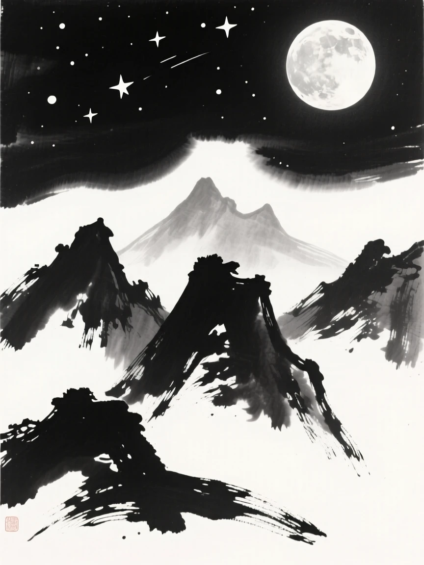 A full moon rises above a range of silhouetted mountain peaks, beneath a canopy of scattered stars.
