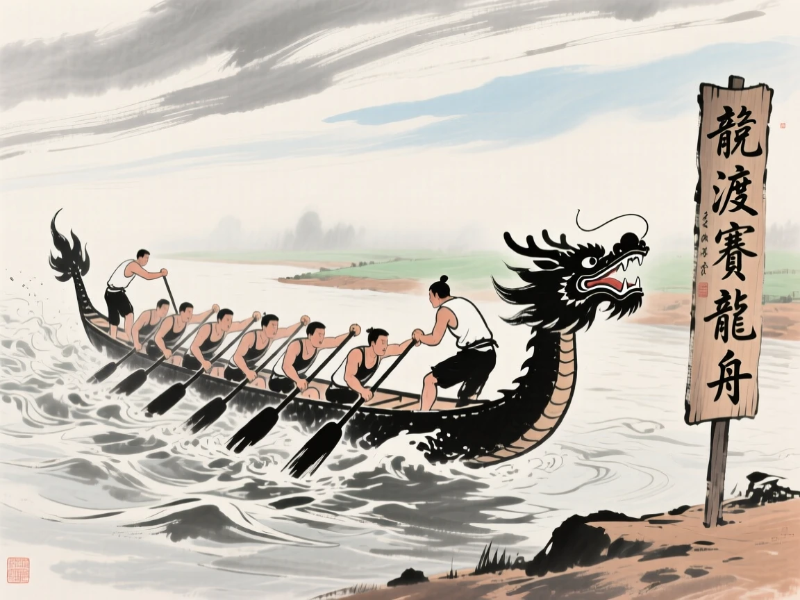 A dragon boat race with rowers straining against a swift river current, under a sky streaked with clouds, as morning mist begins to lift.
