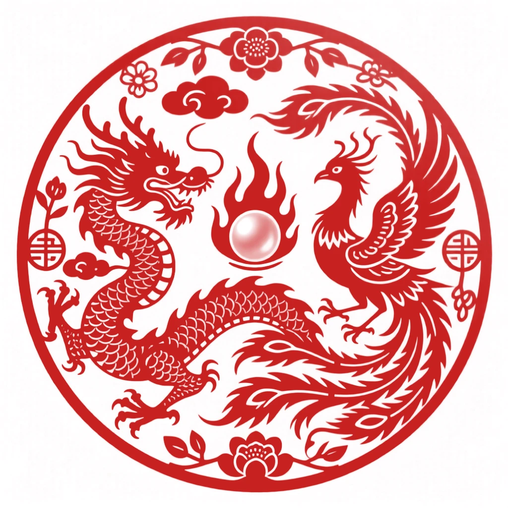 A dragon and phoenix encircling a flaming pearl at the center of a round decorative medallion