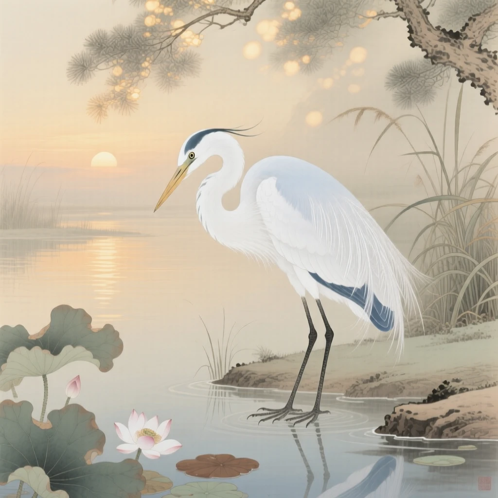 A heron preening its feathers beside a quiet pond, soft morning light filtering through the branches