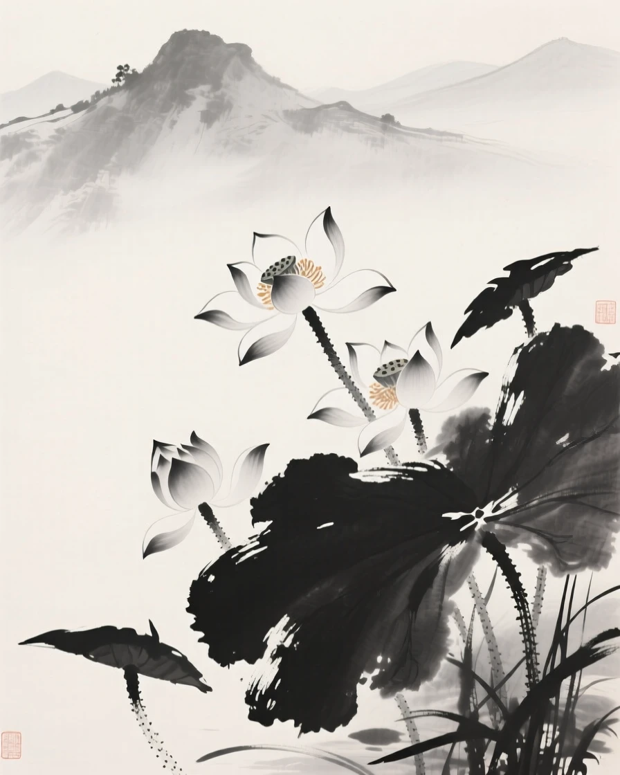A cluster of blooming lotus flowers framed by distant, hazy mountains, seen from a low angle looking upward, evoking quiet elegance and simple grace.