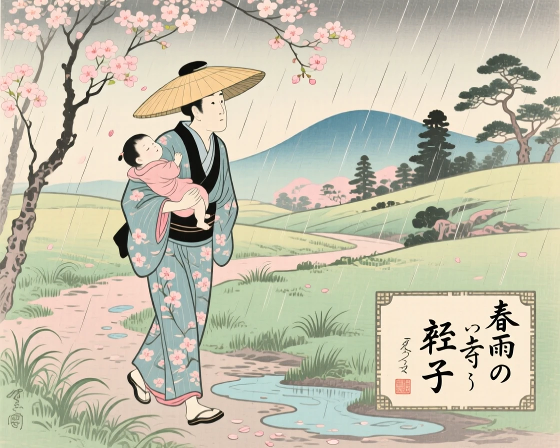 A father carrying his sleeping child walking together through a gentle spring rain.