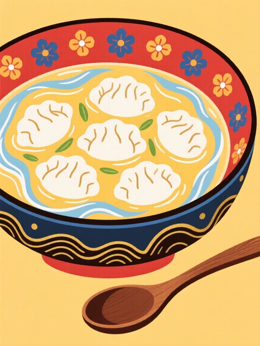 A bowl of clear broth soup with delicate dumplings floating inside.