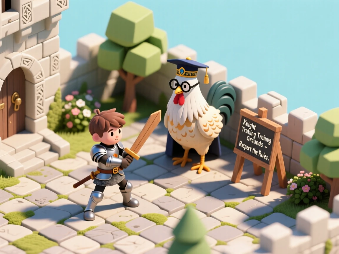 A young knight training with a wise old rooster mentor in a sunlit castle courtyard.