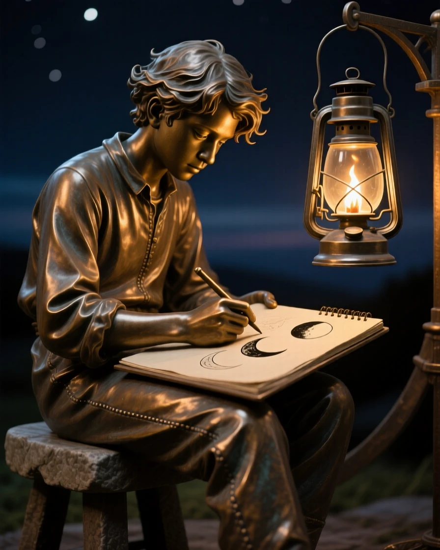 A young astronomer sketching the phases of the moon by lantern light, with fine, expressive facial detail, forming a strong central focal point