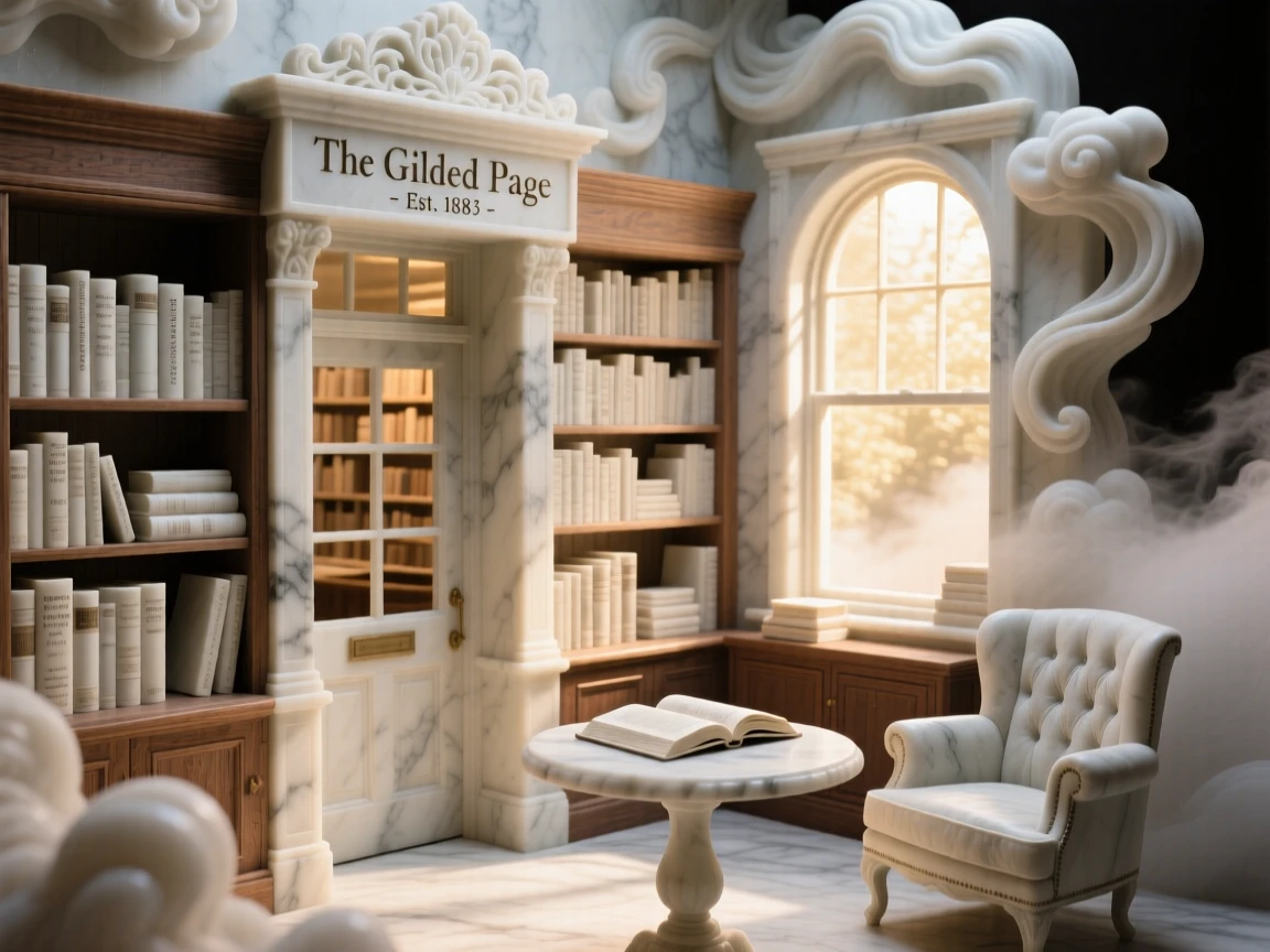 An evocative depiction of an old bookstore filled with warm afternoon light, amid swirling clouds and mist, balancing detail with emotional depth