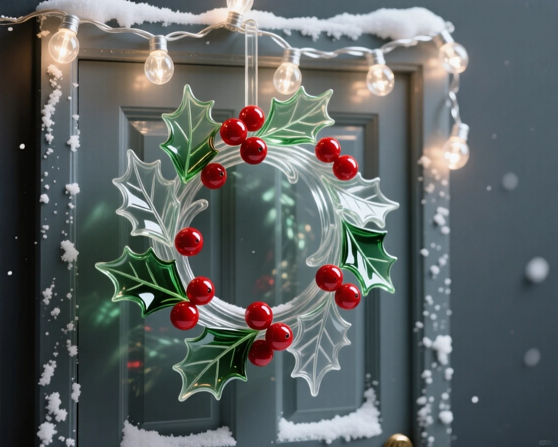 A wreath of holly hanging on a snow-dusted door, beneath strings of twinkling holiday lights