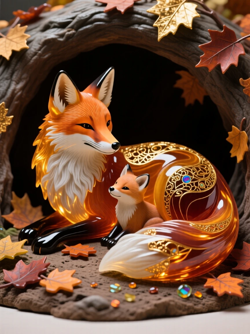 A mother fox and kits resting together in a den lined with autumn leaves, tender and warm.