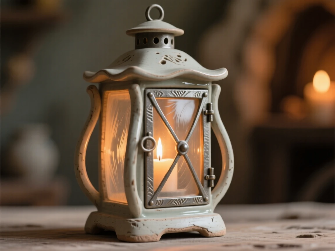 A lantern glowing softly in the dark framed in soft, warm ambient light, set against a softly blurred background, conveying a cozy, storybook atmosphere.