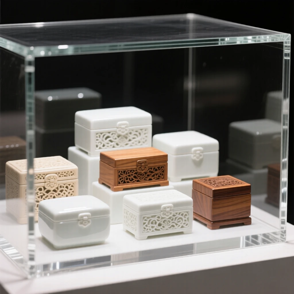 A collection of carved wooden boxes arranged in a glass display case, forming a harmonious, elegant composition.