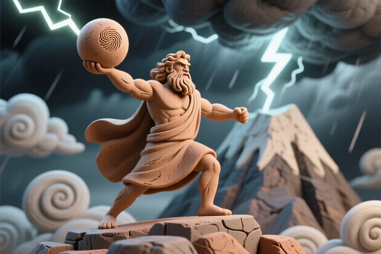 Zeus hurling a lightning bolt from atop stormy Mount Olympus