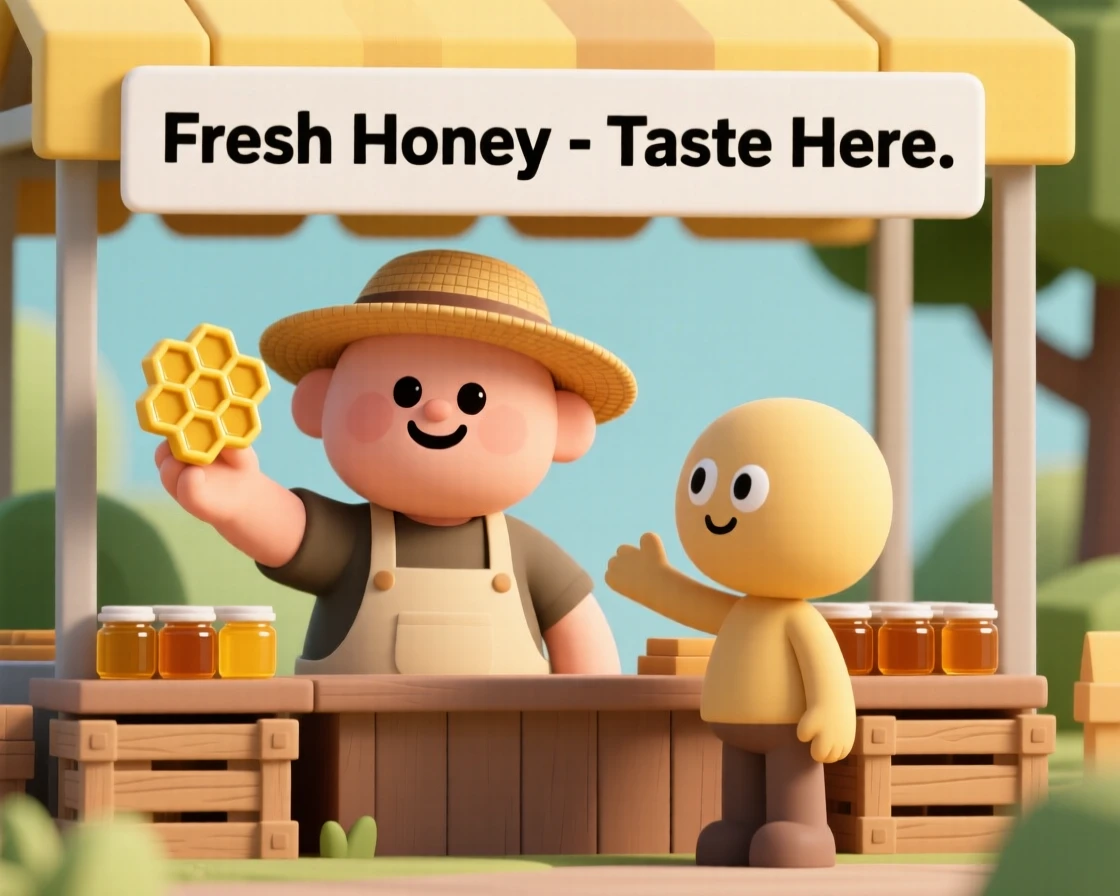 A cheerful farmers market honey vendor offers a taste of golden honeycomb to a curious customer.