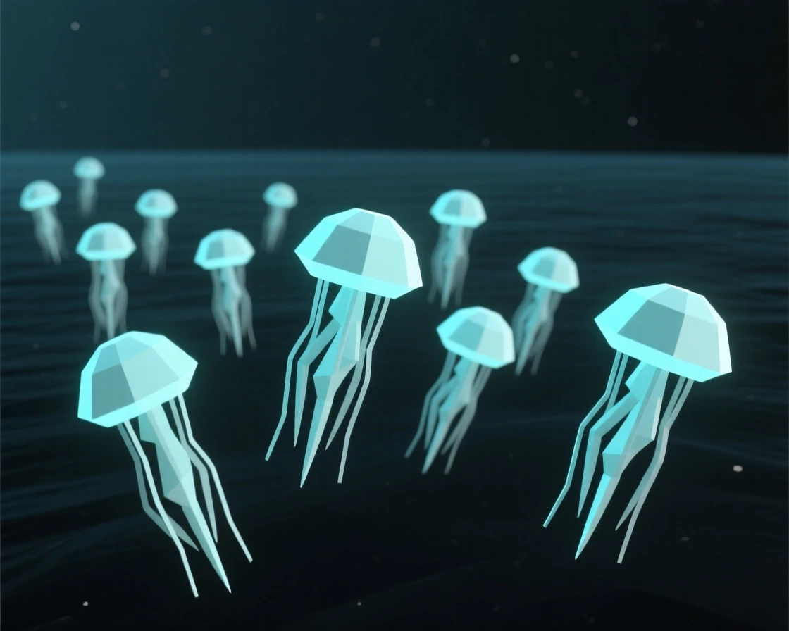 A school of glowing jellyfish drifting in dark water, amid a vast, silent expanse of space. rich color gradients enhance the dreamlike atmosphere. The scene feels vast, mysterious, and awe-inspiring.