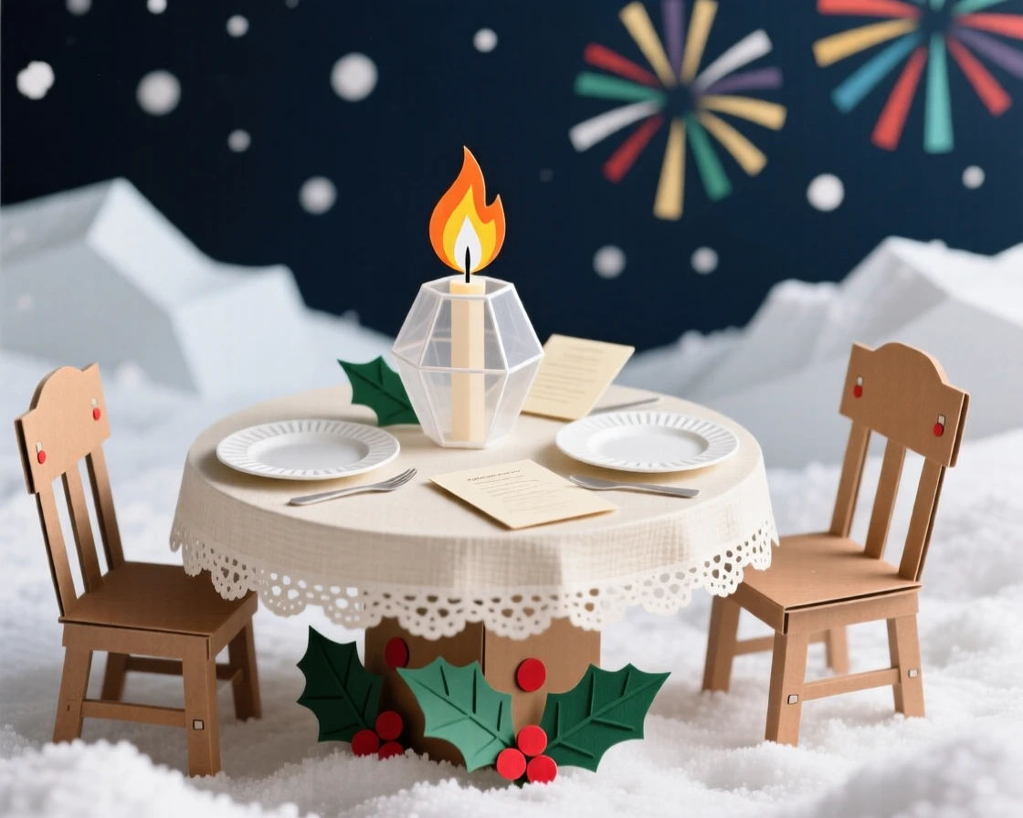 A romantic candlelit holiday dinner framed by fresh-fallen snow, with fireworks bursting colorfully overhead, evoking festive warmth and joy.