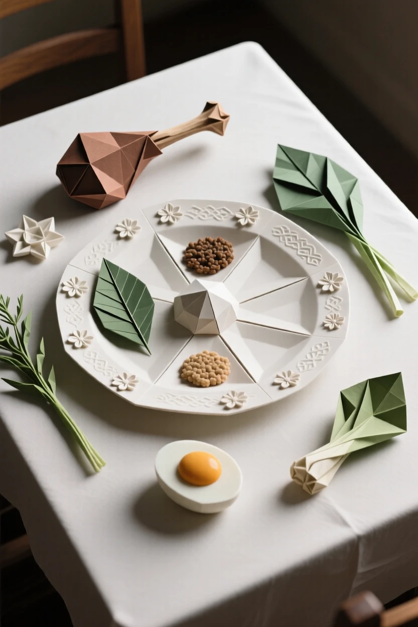 A Jewish Passover Seder table scene set with symbolic foods and a decorated plate.