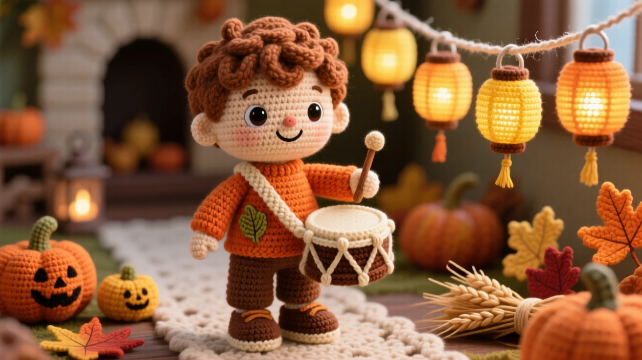 a small boy holding a small drum, for a harvest thanksgiving celebration, beating a joyful rhythm with the community, at a cozy home decorated for a family tradition, with a row of glowing lanterns lining the path, radiating bright, celebratory warmth.