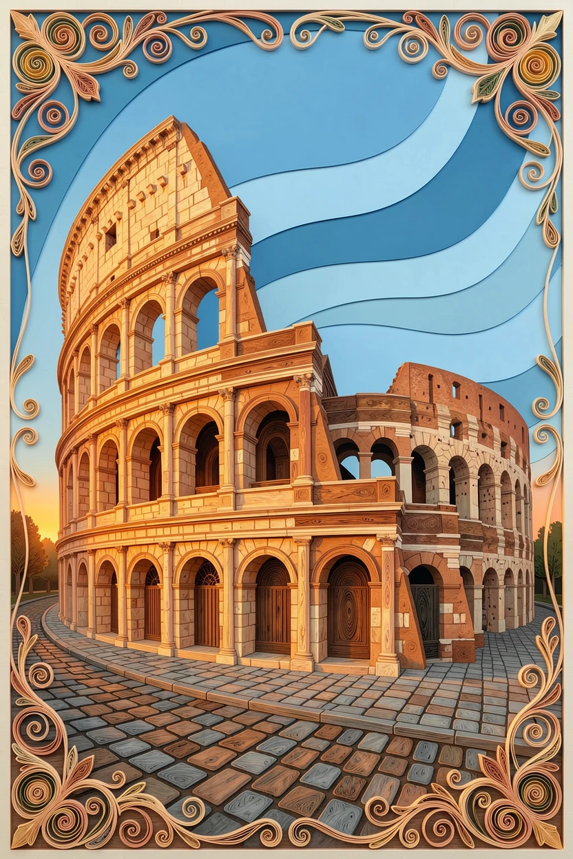 A breathtaking view of the Colosseum bathed in warm evening light beside a quiet cobblestone street, in crisp, clear tones under a bright blue sky, framed with a dramatic wide-angle perspective.