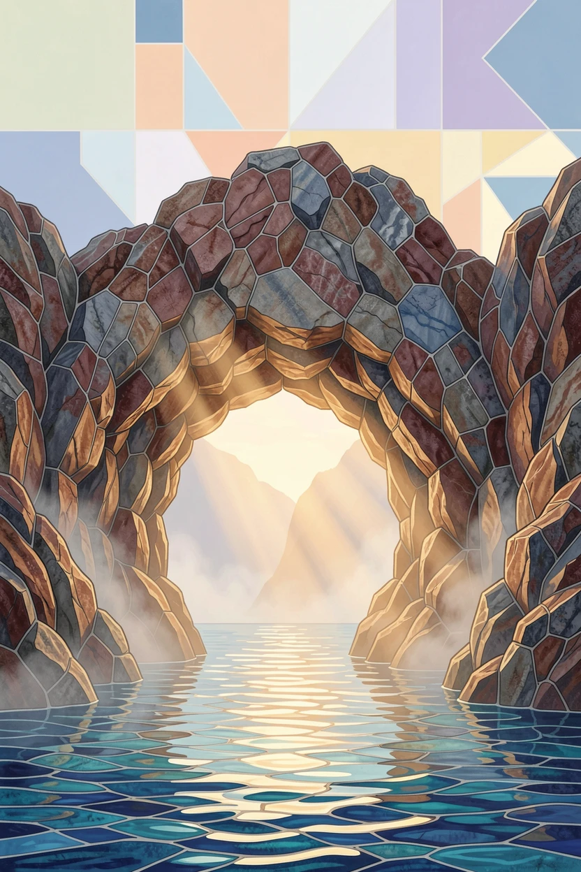 A dramatic sea cave with light streaming through a natural rock arch, under a soft blanket of morning fog.
