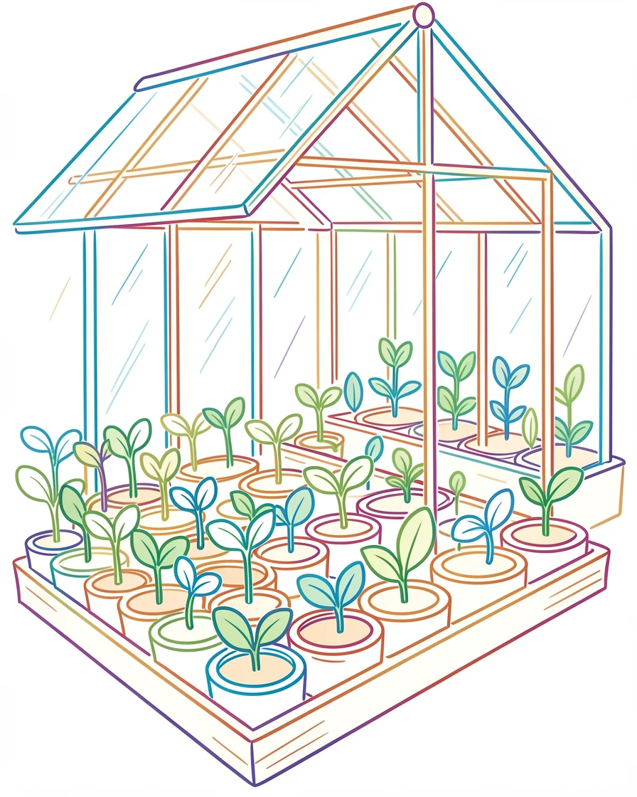 A quiet greenhouse nursery filled with rows of seedlings under glass.