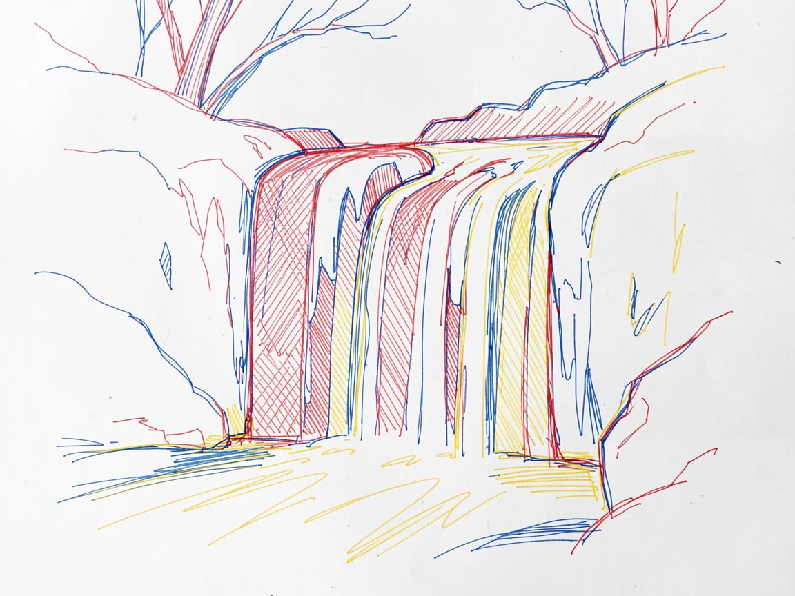 A frozen waterfall captured mid-cascade during a deep winter freeze