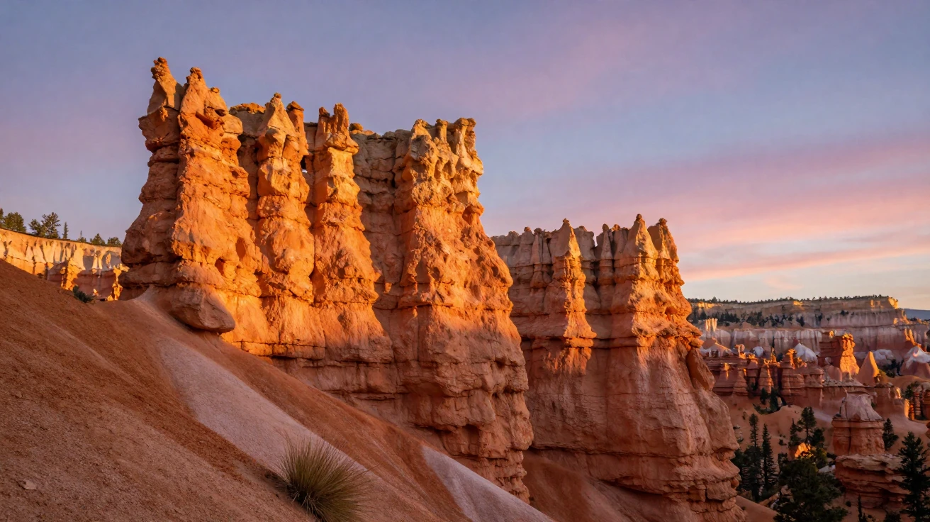 A Bryce Canyon hoodoo formation glowing at sunrise