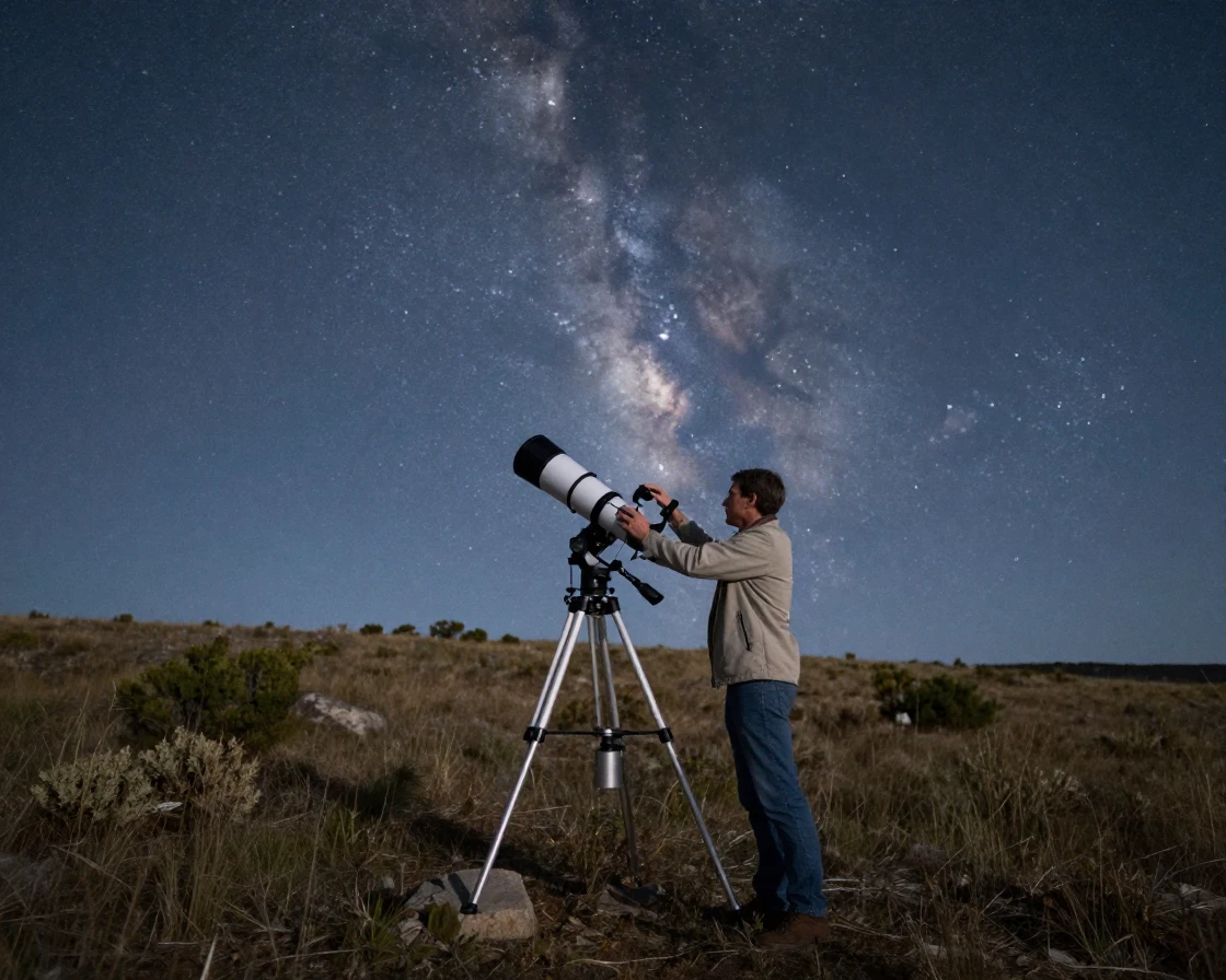 An astronomer adjusts a telescope on a remote hilltop under a sky full of stars.